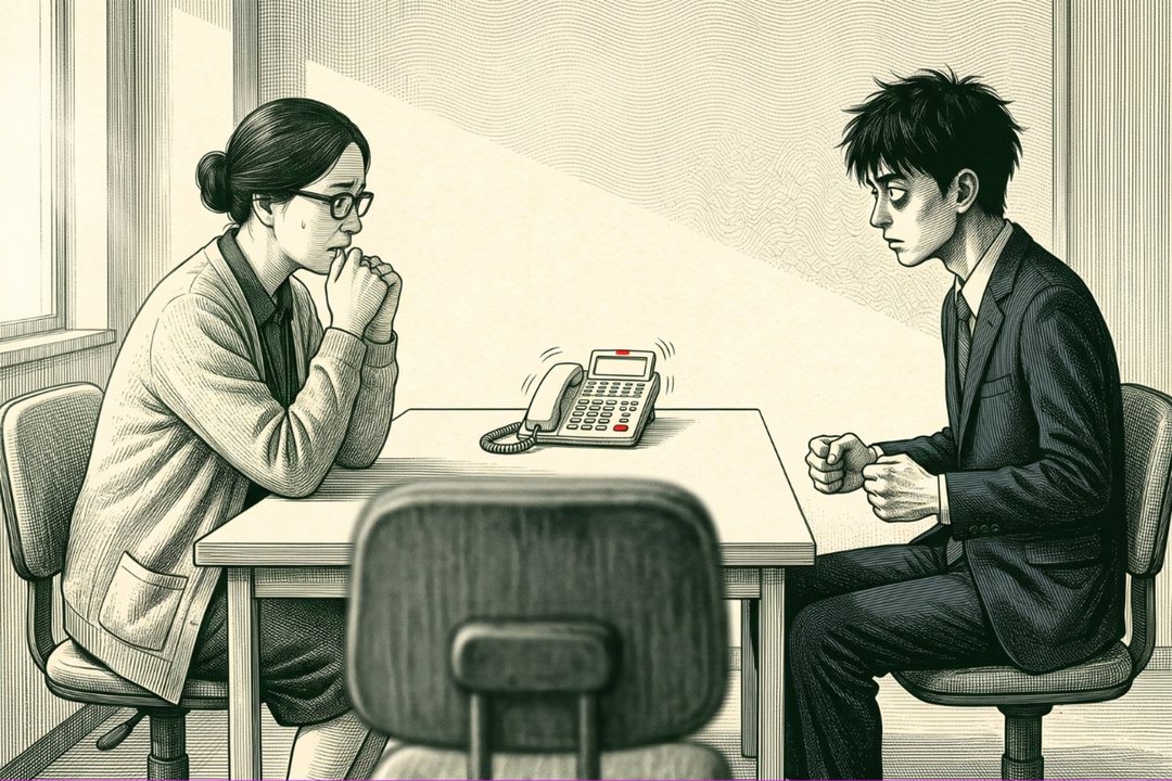 朝の会社の小さな会議室。机の上の電話が鳴っている。左で、眼鏡の40代の総務の女性があごに手を当てて右の男性を見つめ、右で、スーツの若い男性が椅子の上で背筋を固くし、膝の上で拳を握って電話を見る。手前に椅子の背がぼける。窓の白い朝の光。目の高さに近い角度。