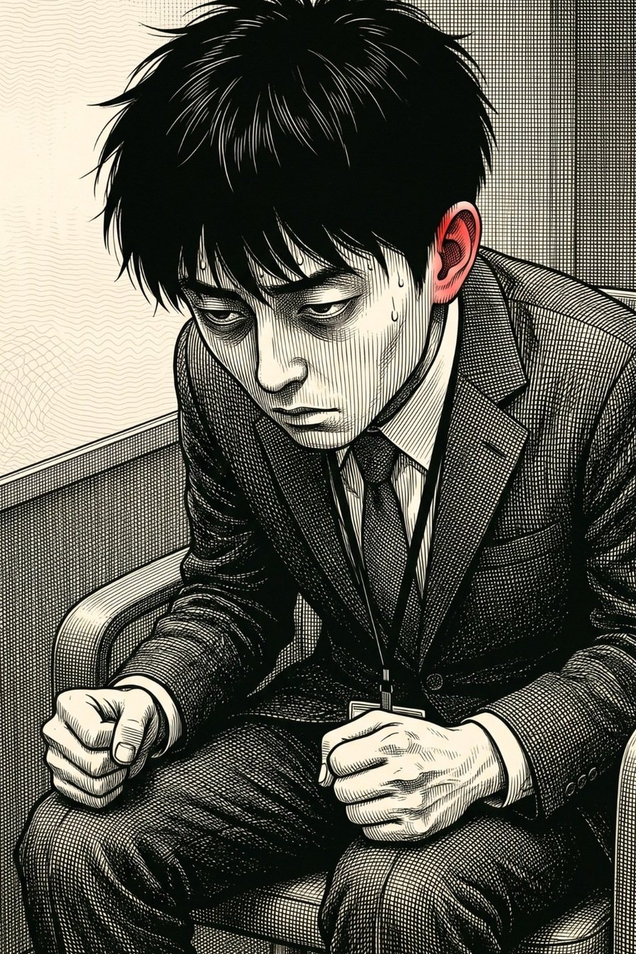 若い男性が膝の上で両手を握りしめ、うつむく寄り。耳まで赤く、額に汗。顔に縦線がかかる。