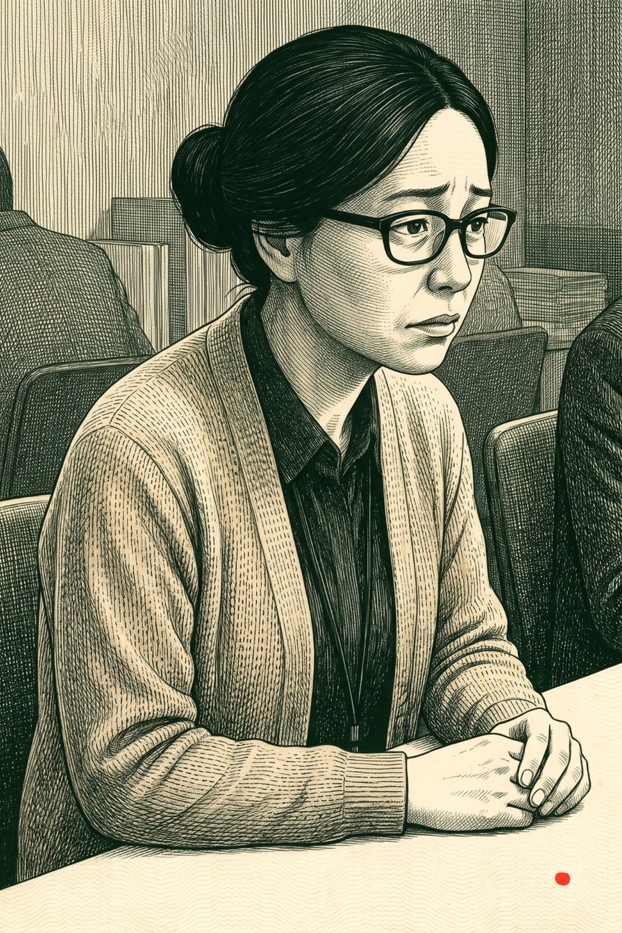 眼鏡の40代の総務の女性の寄り。机の上で両手を重ね、眉を下げて、言いにくそうに右を見る。窓の白い光が横から当たる。