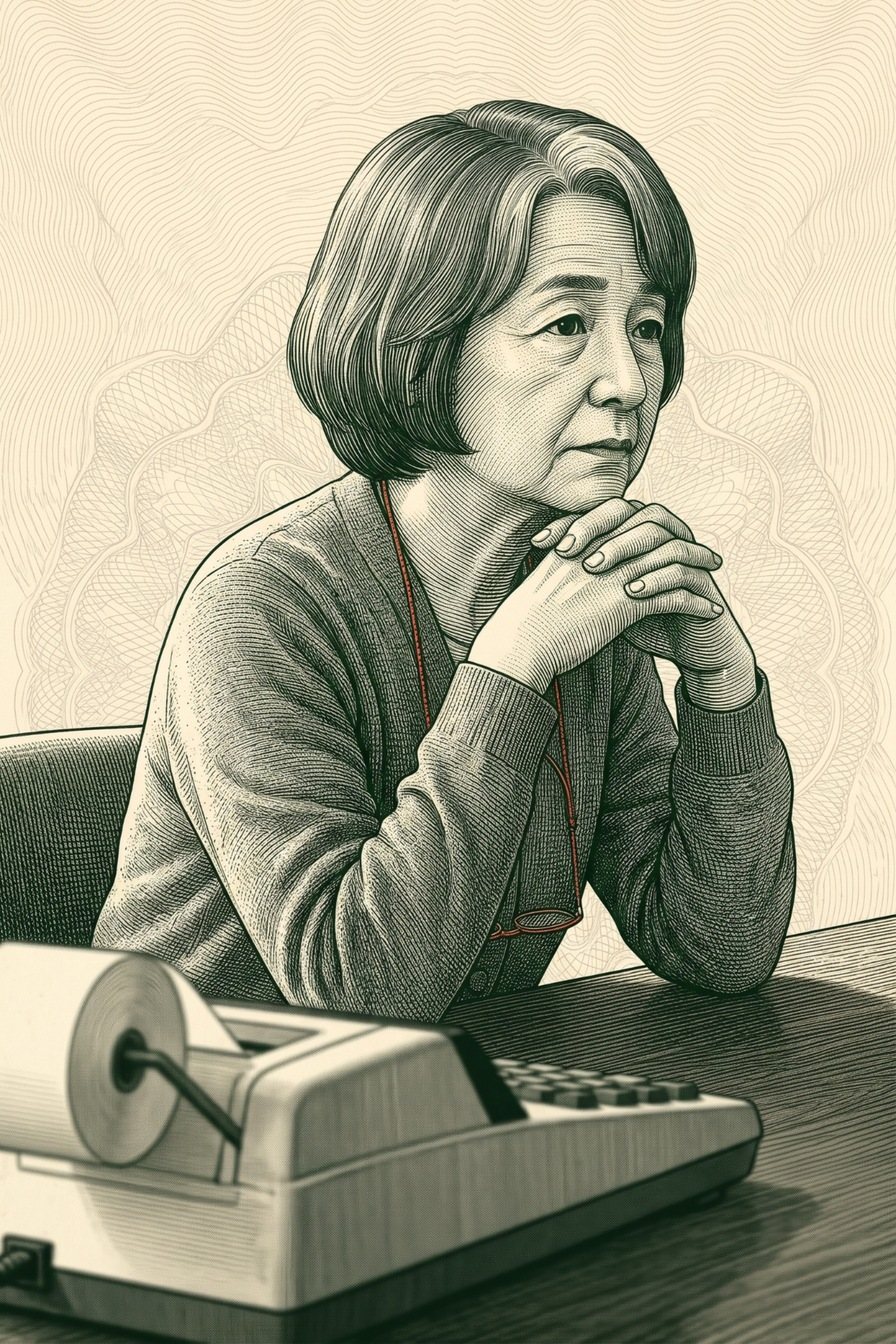 あごの下で両手を組み、身を乗り出して右を見る年配の女性の相談員。老眼鏡を首から赤い鎖で下げている。手前に古い大きな電卓。後ろは波の模様。目の高さ。