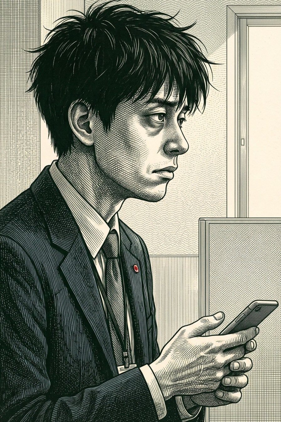 若い男性の横顔の寄り。窓の方へ目をそらし、口を結んだまま黙る。手の中にスマホを握る。