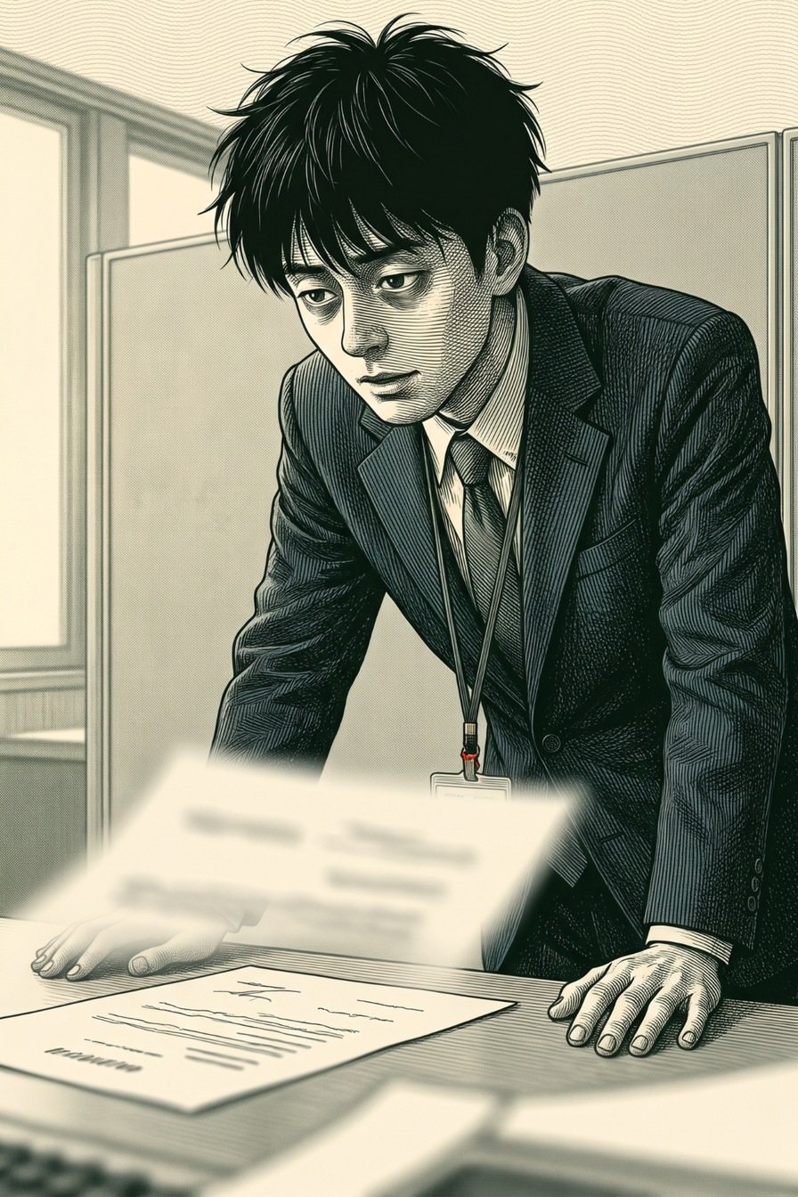 若い男性が机に両手をつき、机の上の紙に身を乗り出してのぞき込む。手前に紙がぼける。少し上からの角度。