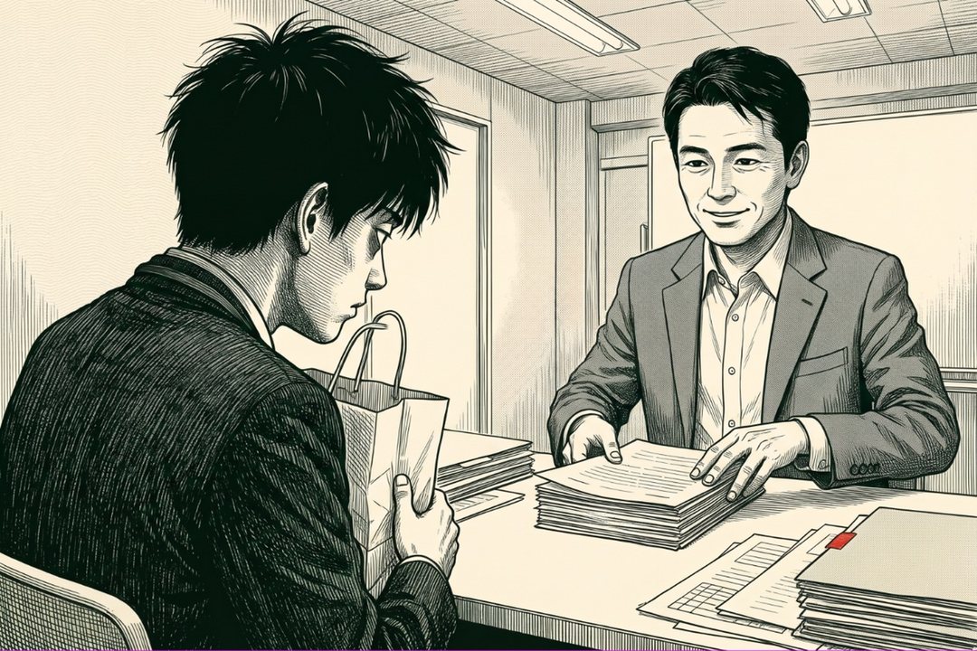 法テラスの相談の部屋。右で、短い黒髪にグレーの上着の40代の男性の弁護士が、明細の紙の束に両手を添えて笑う。左の手前に、紙袋を抱えて座るスーツの若い男性の背中。平らな白い光。