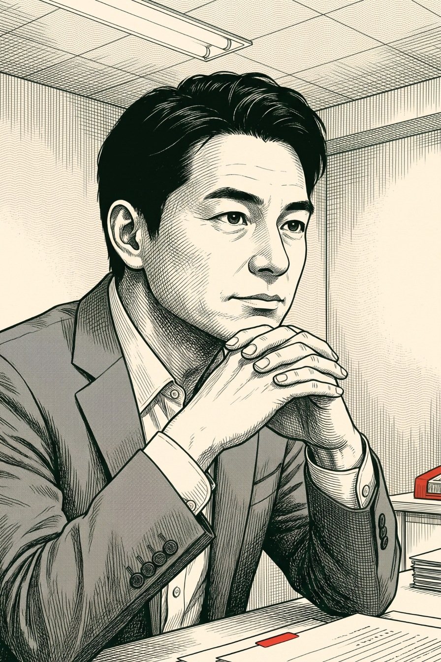 弁護士の男性の寄り。机の上で指を組み、左の修平の方をまっすぐ見る。やわらかいが迷いのない目。