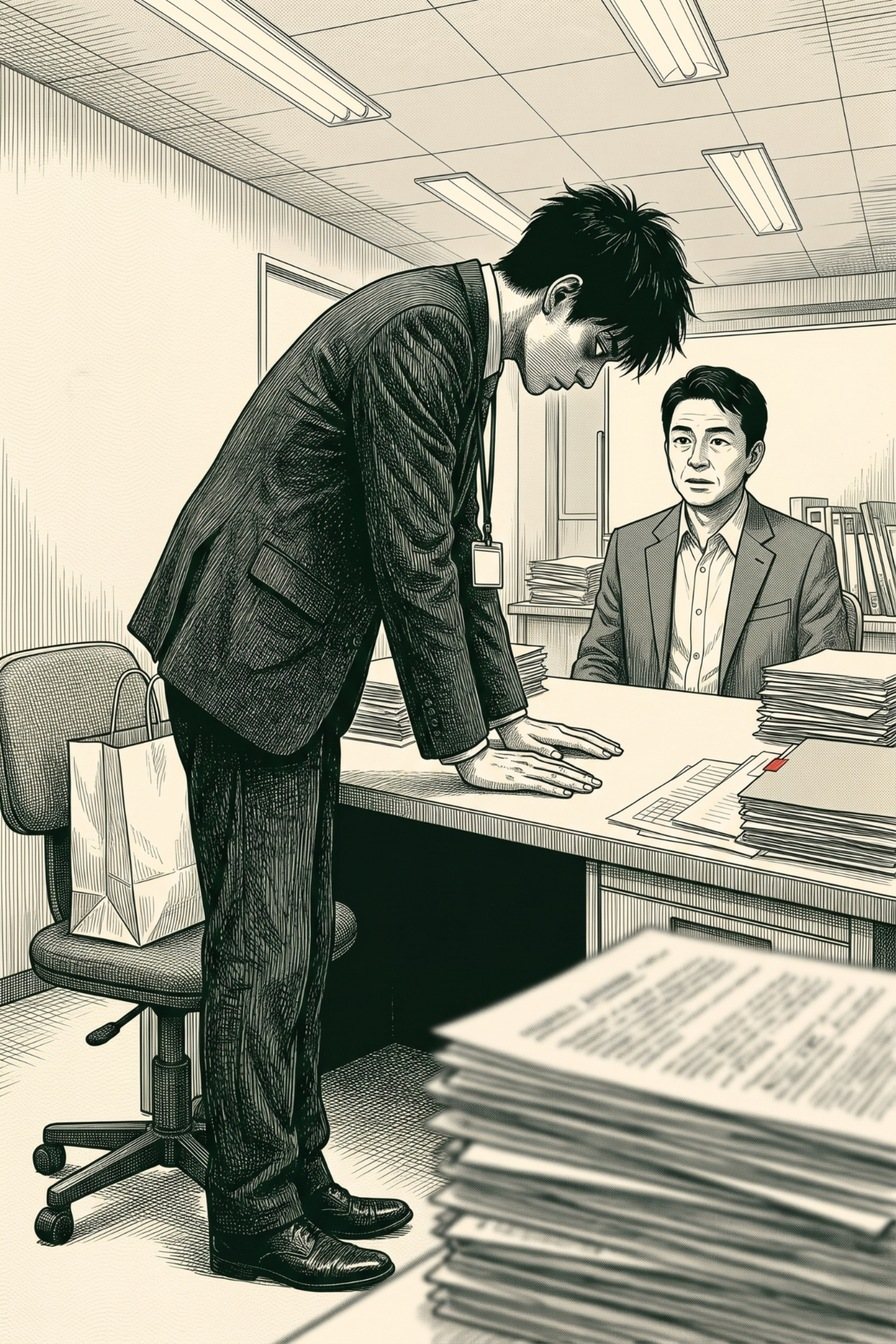 若い男性が椅子から立ち上がり、机に両手をついて頭を下げる。横から見た角度。奥で弁護士の男性が座ったまま目を丸くする。椅子の上に紙袋。手前に机の上の明細の束がぼける。