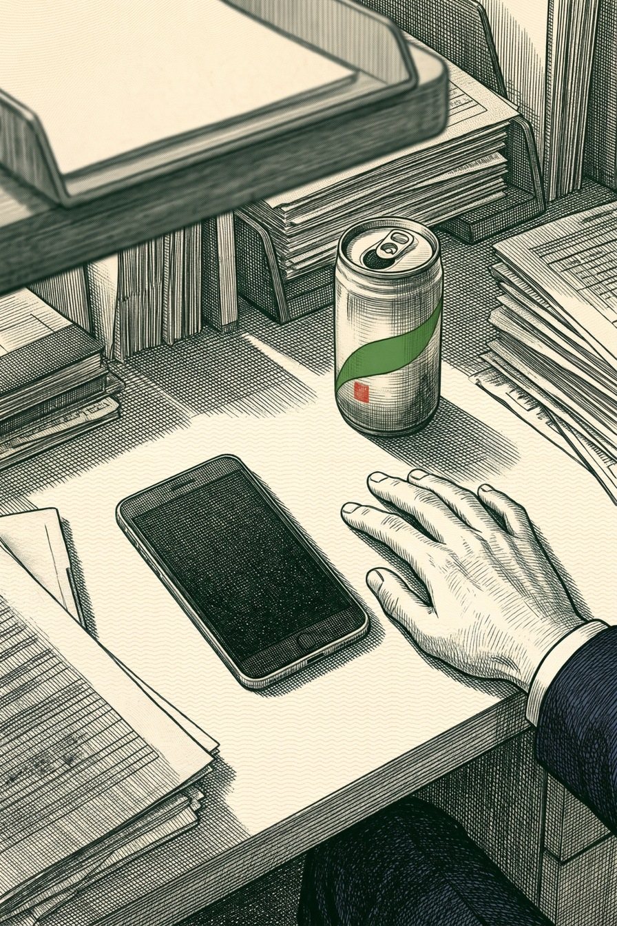 朝の会社の机の上に置いた、黙ったままのスマホの寄り。画面は暗いまま。奥に緑の帯の缶のお茶。若い男性の手が、スマホの横で止まっている。