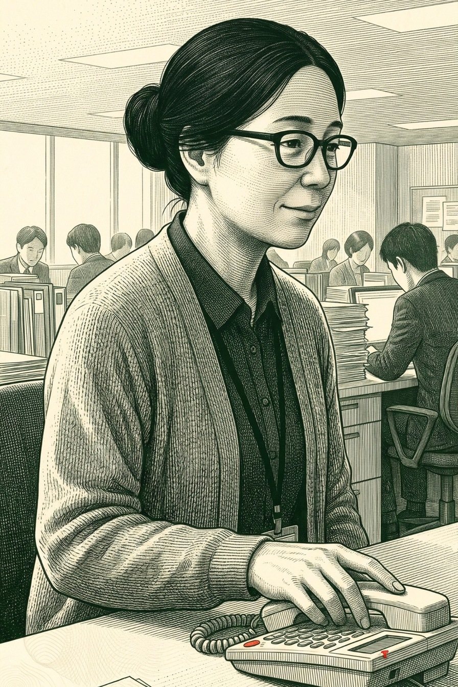 朝の事務所の総務の机。眼鏡の40代の総務の女性が、鳴らない電話に手を置いたまま、右を見て小さくほほえむ。奥に机で働く同僚たち。
