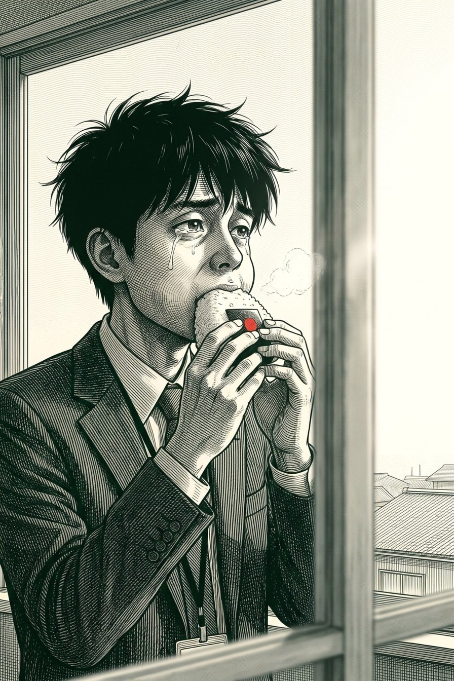 会社の休憩の部屋の窓ぎわで、若い男性がコンビニのおにぎりをほおばり、涙をこぼす。白い息。窓の外は白い朝の空と町の屋根。目の高さ。