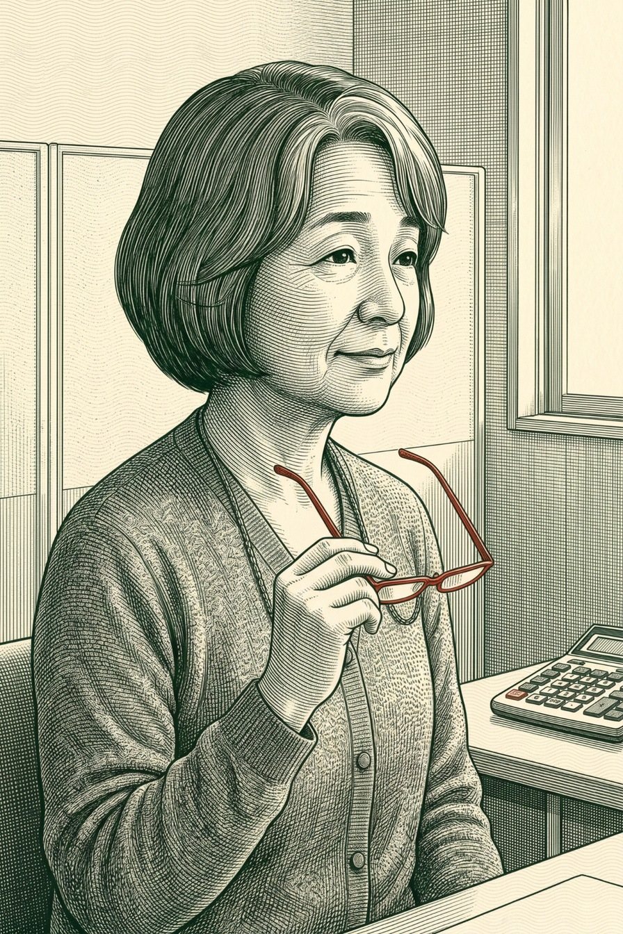 年配の女性の相談員の寄り。外した老眼鏡を胸の前で持ち、右を見て、責めずに、静かに待つ目。口元が少しやわらぐ。