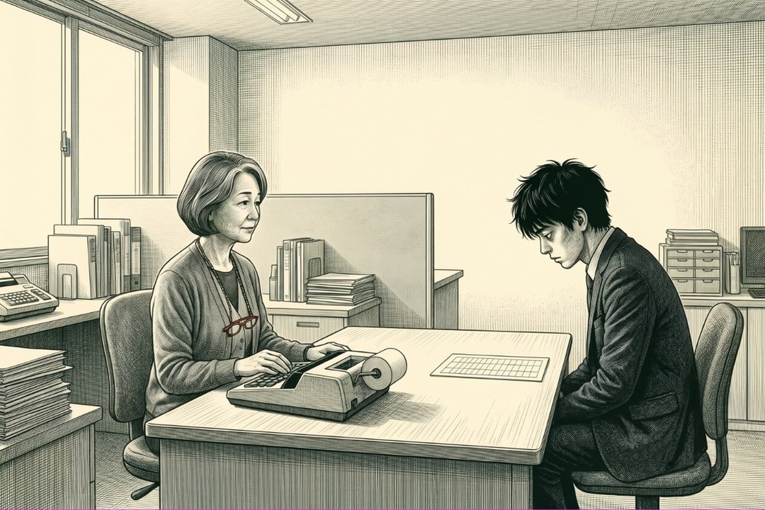市役所の相談の部屋の全景。窓の白い光の中、机をはさんで、右の若い男性はうつむいて座り、左の年配の女性は電卓に手を置いて座る。机の上に家計の表の紙が1枚。2人は小さめで、部屋の白い壁が広い。目の高さ。