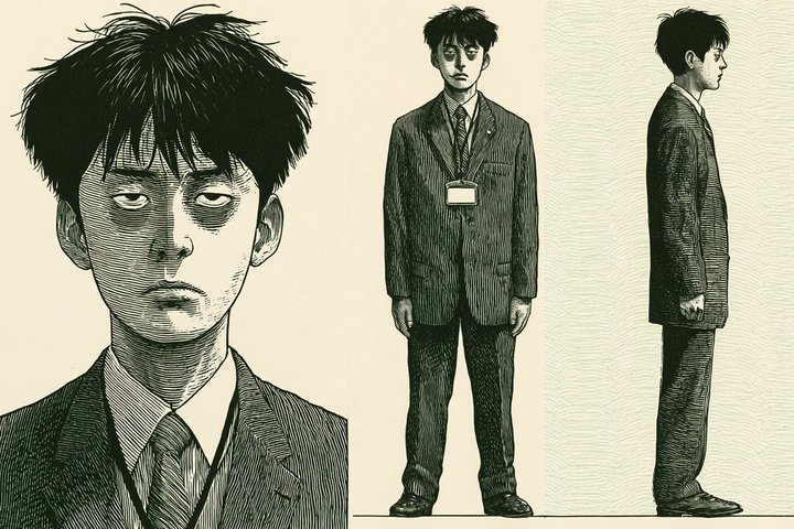 「借金500万円、人生終了ですか？」の栗田 修平の設定画（全身と顔）