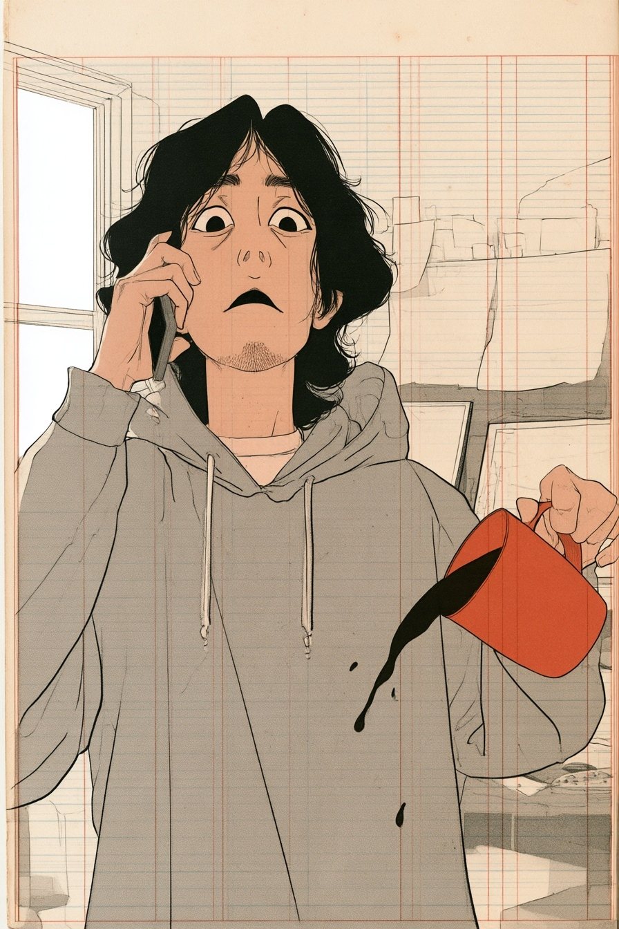 昼前の明るい自宅の仕事部屋。2枚のモニターの机の前で、灰色のパーカーの男性がスマホを耳に当てたまま固まり、もう片方の手のマグカップからコーヒーがこぼれかけている。窓の硬い光。
