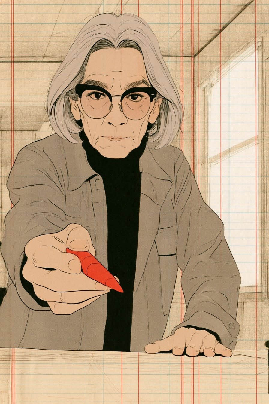 正面から見た老眼鏡の女性。机に片手をついて身を乗り出し、赤ペンの先をこちらへ向ける。眼鏡の奥の鋭い目。窓の光が横から当たる。
