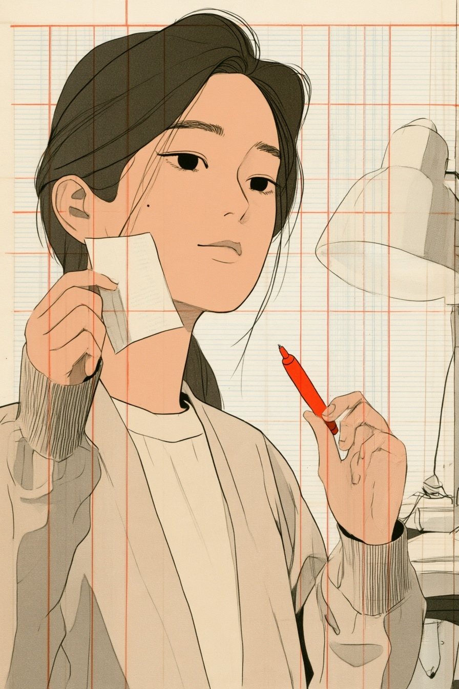 女性の顔の寄り。コンビニのレシートを1枚つまんで見せ、疲れた顔で少しだけ笑う。スタンドの白い光。