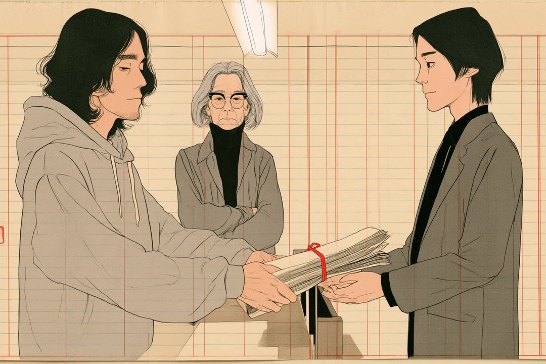 広い税務署の1階の申告の窓口。カウンター越しに、男性が両手で書類の束を職員へ差し出す。後ろで老眼鏡の女性が腕を組んで見ている。白い蛍光灯。