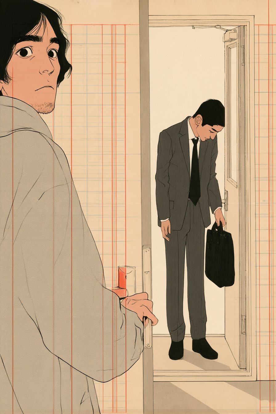 朝の玄関を内側から見る。開いたドアの外に、灰色のスーツの細面の男性が黒い鞄を提げて立ち、軽く頭を下げている。手前で、灰色のパーカーの男性がドアノブを握ったまま、こちらを振り返って固まっている。