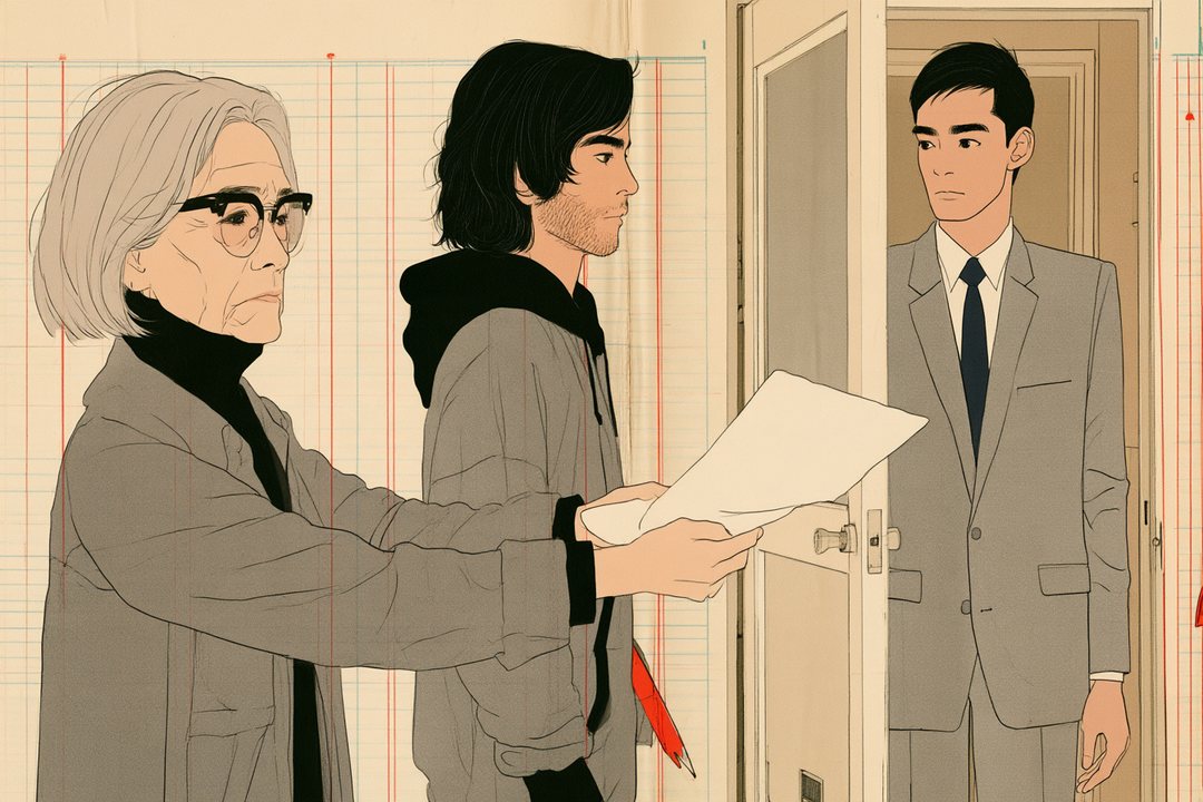 玄関の上がり口。短い銀髪に黒縁の老眼鏡の小柄な女性が、パーカーの男性の横から一歩出て、薄い書類を片手でスーツの男性へ差し出す。真ん中でパーカーの男性が、戸口のスーツの男性を見ている。