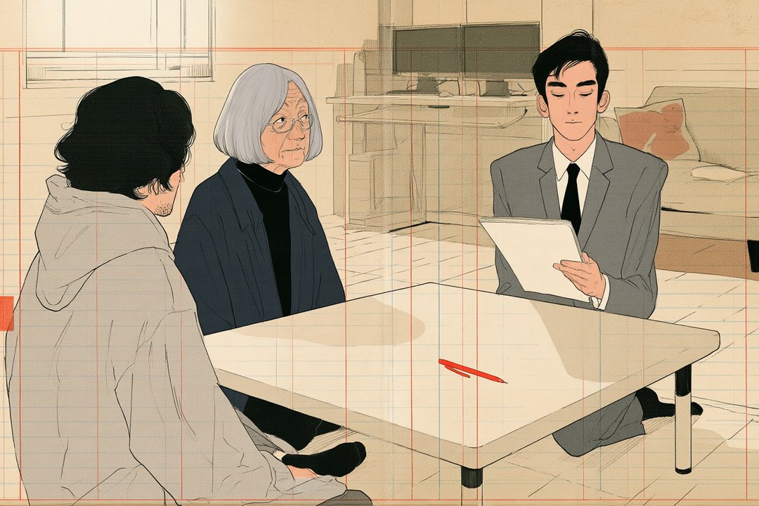 斜め上から見た仕事部屋。低い机をはさみ、奥にスーツの男性がひとり、手帳を開いて座る。手前に、パーカーの男性と老眼鏡の女性が並んで座る。後ろに2枚のモニターの机と、毛布の掛かったソファー。