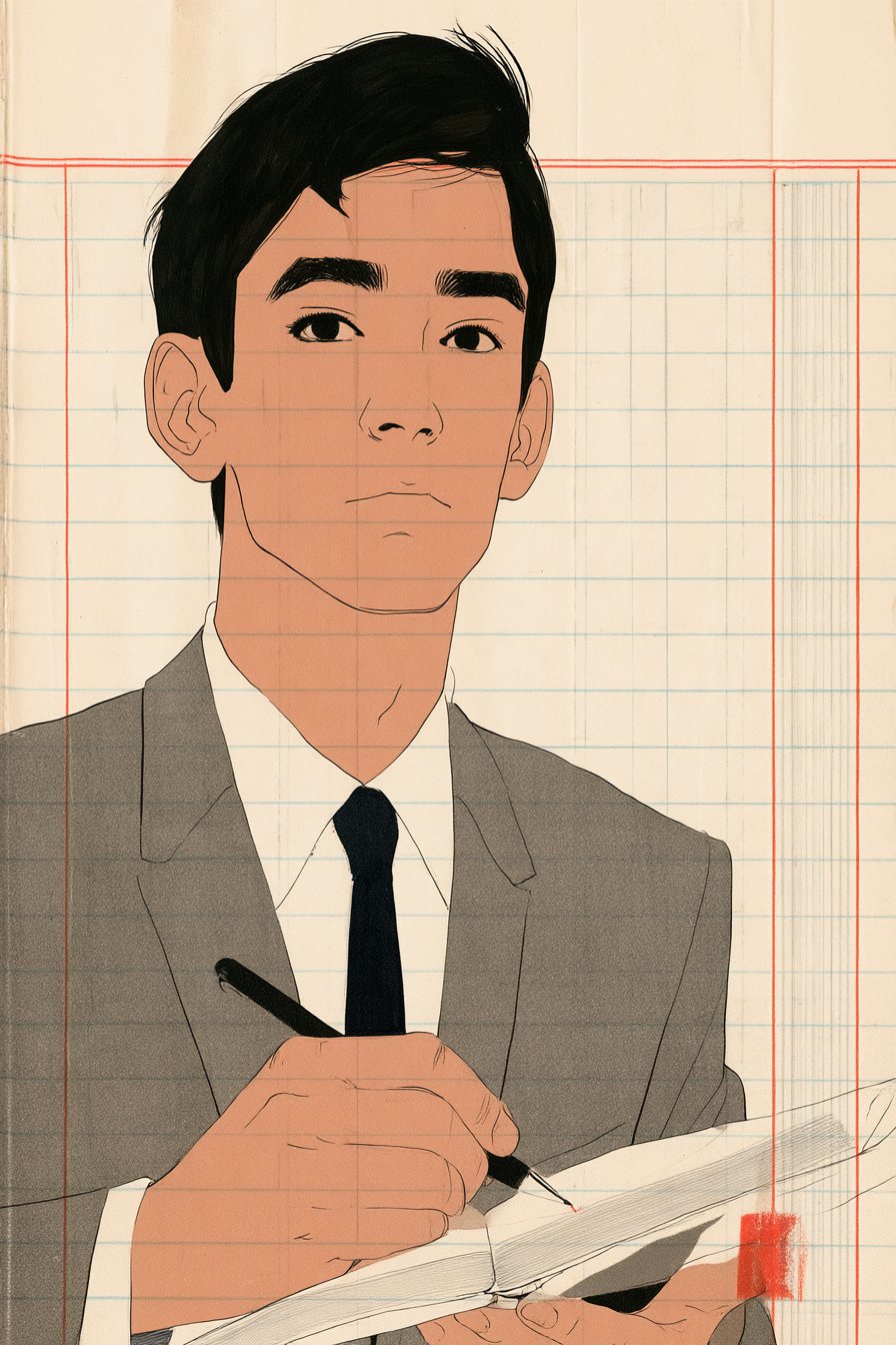 スーツの男性の寄り。手帳にペンを走らせながら、目だけを上げてこちらを見る。表情は静かで、怒っても笑ってもいない。白い窓の光。