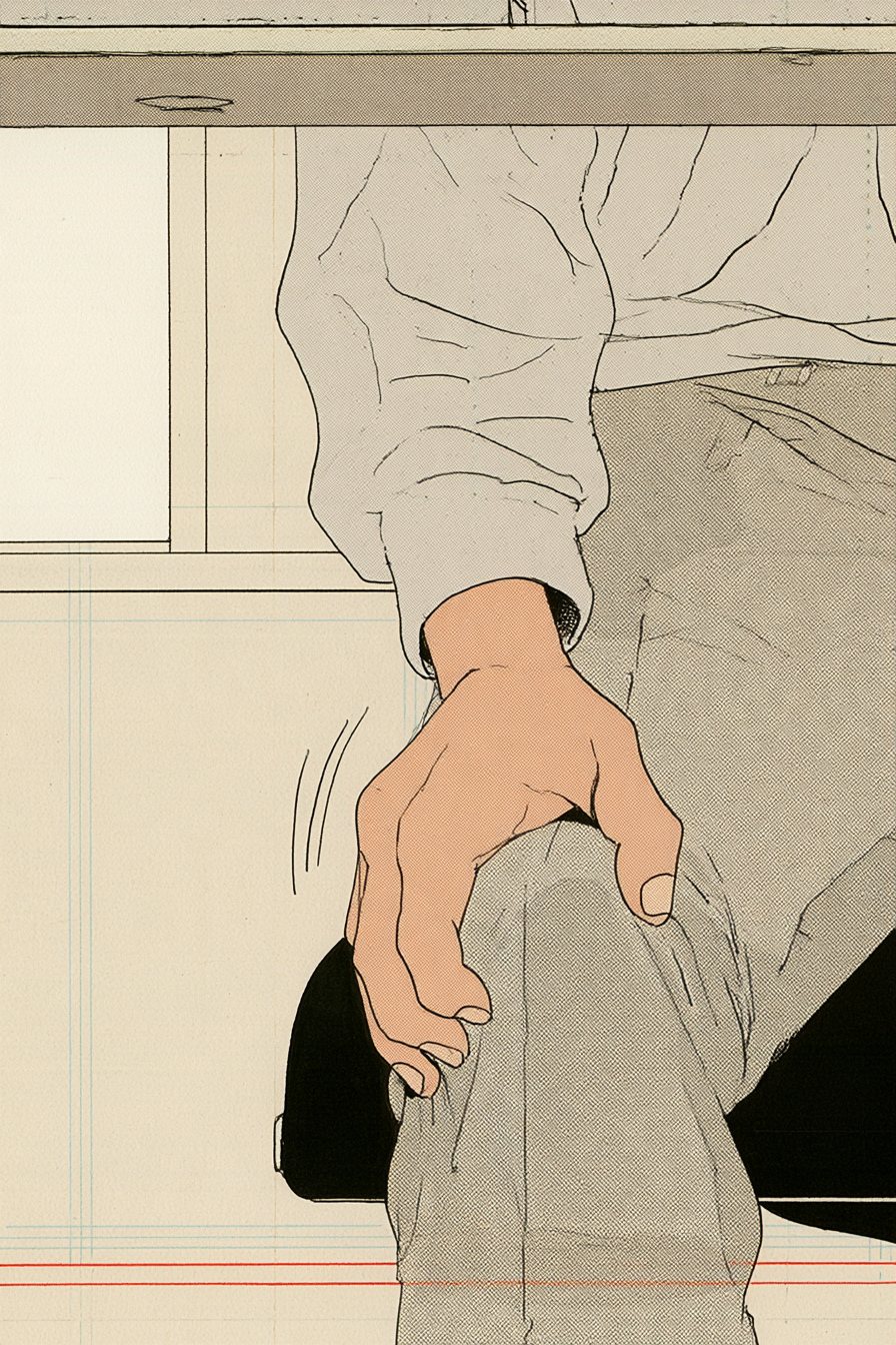 机の下の寄り。灰色のパーカーの男性のひざが小刻みに揺れ、その上で手がひざを強く握っている。