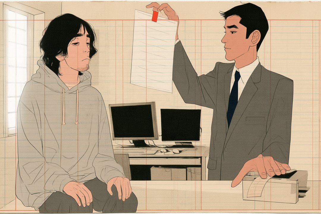 仕事部屋。スーツの男性が、書類の一覧の紙を1枚見せながら、レシートの箱の1つに手を添えて、丁寧に説明している。パーカーの男性は、迷った顔でうなずきかけている。