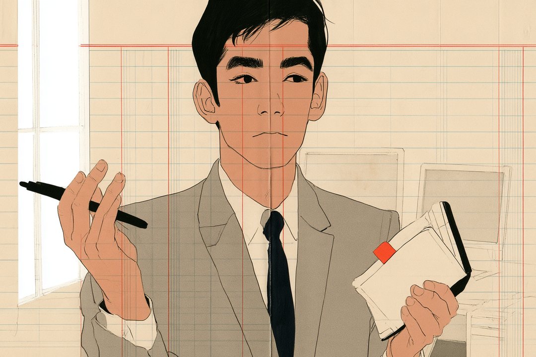スーツの男性の胸から上の寄り。ペンを止め、静かな目で横を見る。表情は動かない。手帳は閉じかけている。