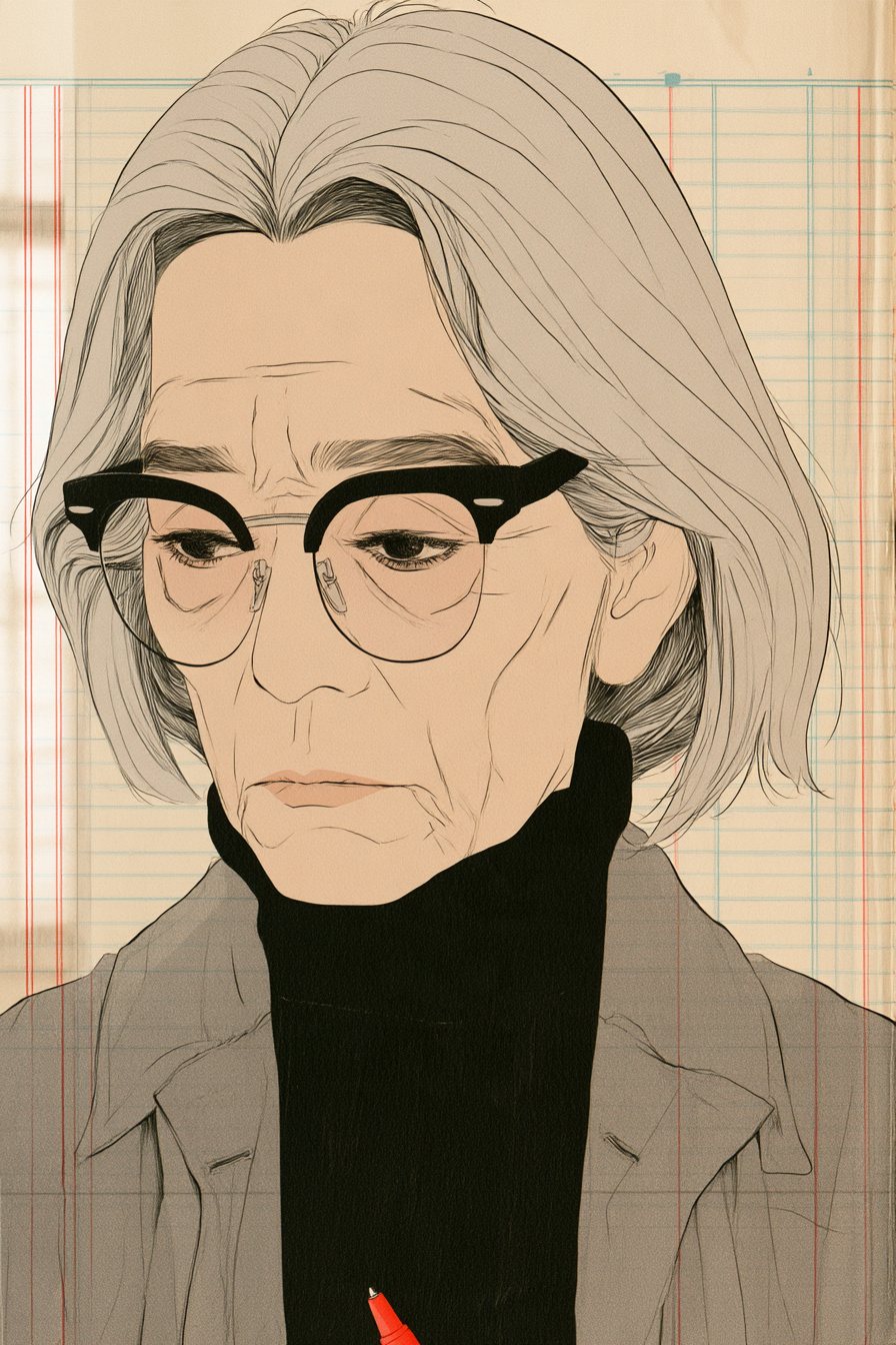 老眼鏡の女性の顔の寄り。顔は前を向いたまま、眼鏡の奥の目だけが横の下、机の下の男性の手の方へすべる。