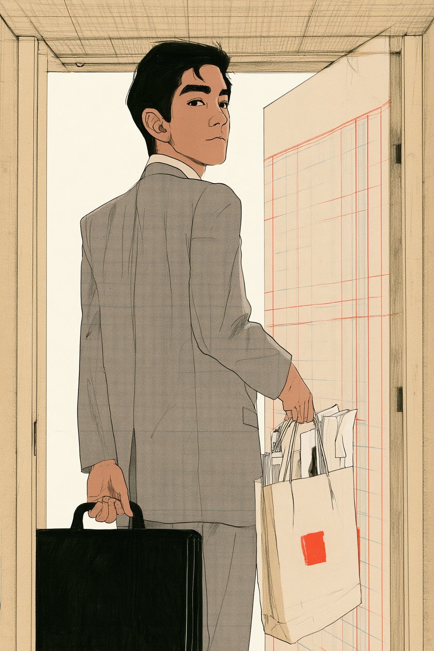 下から見上げた玄関。開いたドアの前で、スーツの男性が黒い鞄と、書類の入った紙袋を提げ、肩越しにこちらを振り返る。外の白い光。