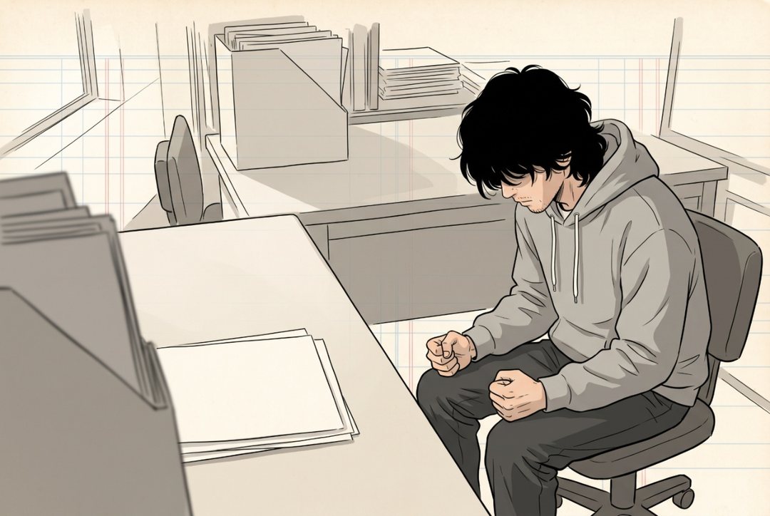 斜め上から見たパーカーの男性。椅子に座ったまま深くうつむき、両手の拳をひざの上で握りしめている。
