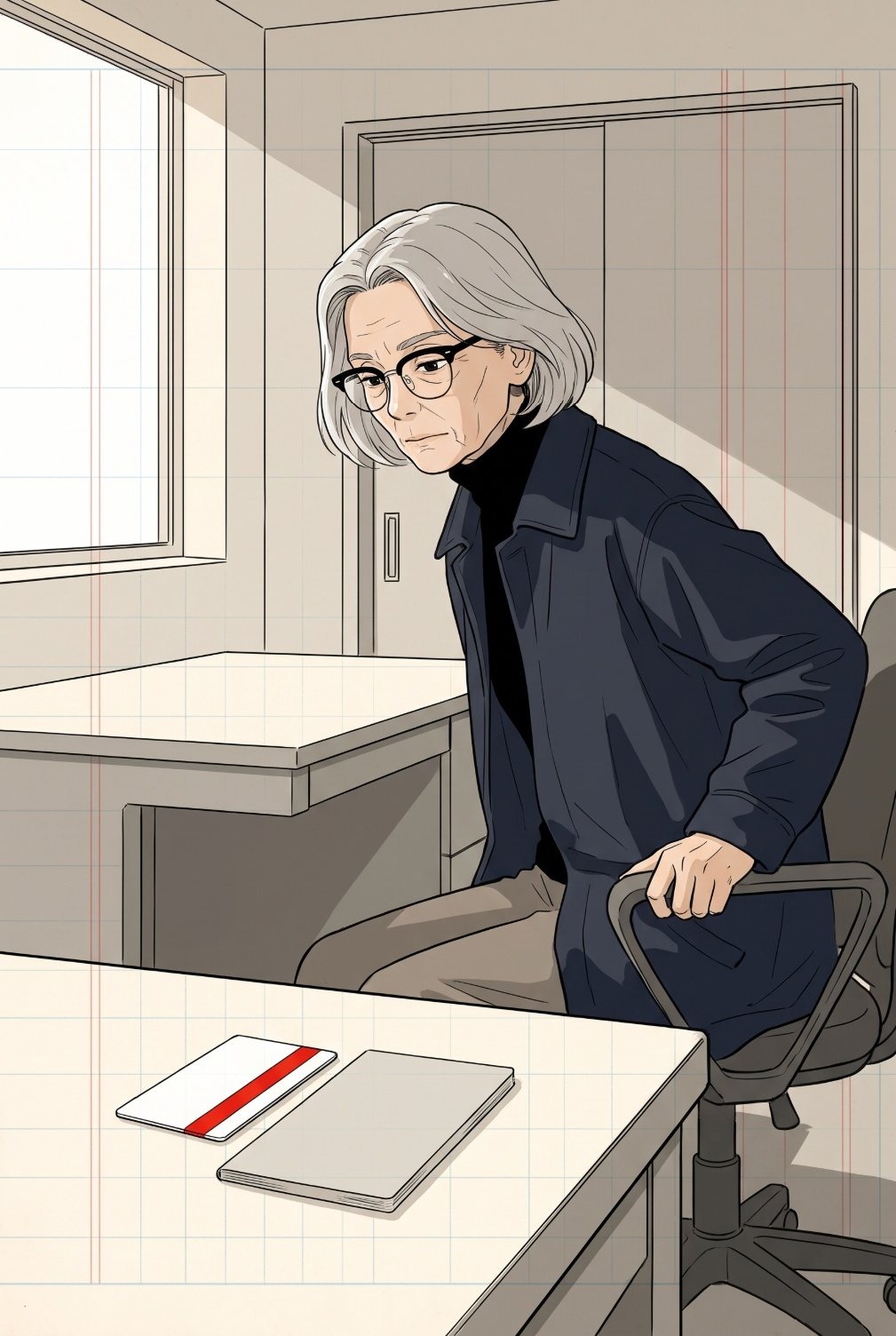 横から見た老眼鏡の女性。肘掛けをつかんで、ゆっくり椅子に座り直しながら、眼鏡越しに机の上の縁の赤いカードと通帳を見下ろす。窓の白い光。