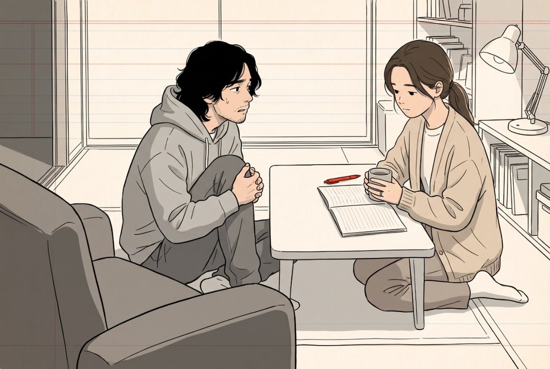 スタンドの白い光の小さな部屋。低い机をはさんで、左にパーカーの男性が膝を抱えて座り、右に茶色の髪を低く結んだ女性が座る。女性は両手でマグカップを持ち、前に家計簿と赤いペンが開いている。