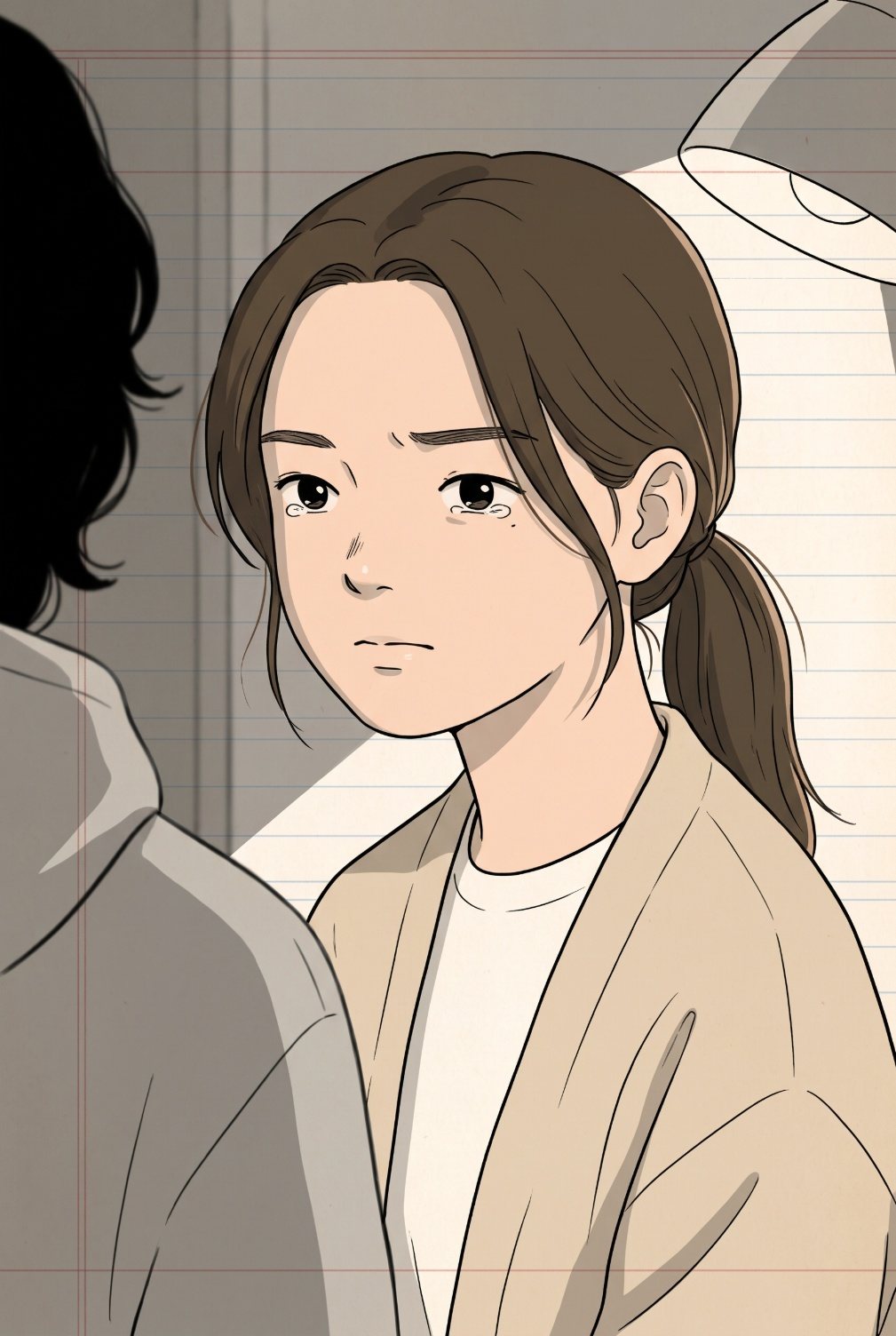 女性の顔の寄り。目に涙がたまっているが泣かずに、手前の男性の肩越しに、男性をまっすぐ見ている。