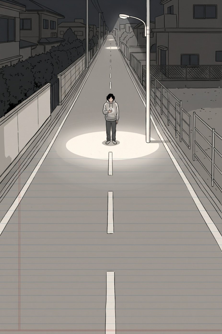 夜の長い道の引き。誰もいない道の真ん中、1本の街灯の下で、パーカーの男性が小さく立ち止まり、スマホを見下ろしている。