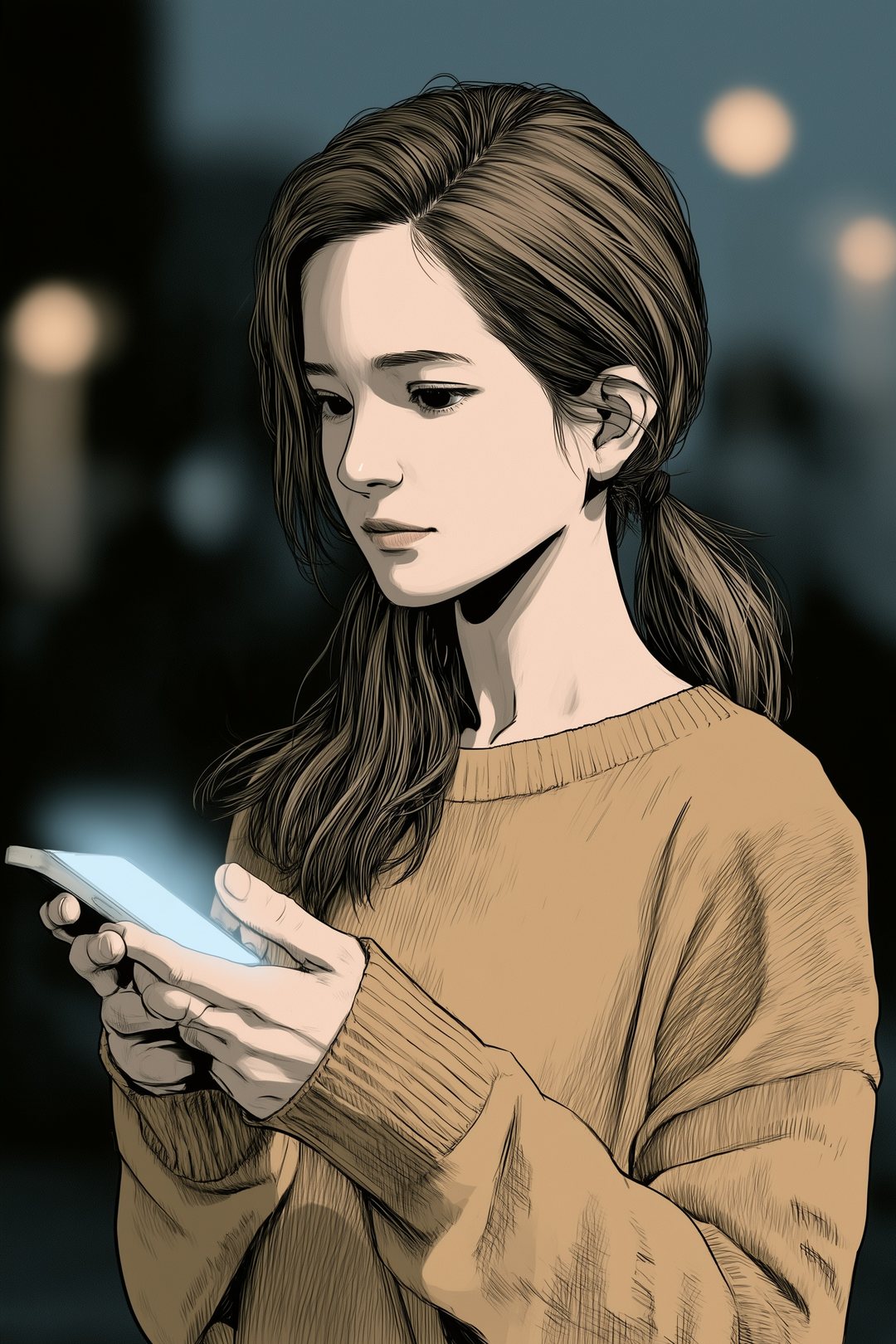 スマホを両手で持つ女性の手。親指が画面の上で止まっている。