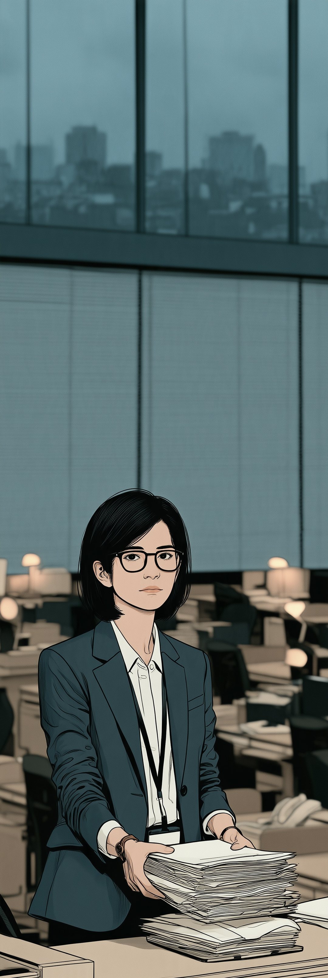 曇りの午後の東京。高いビルの窓の外に、低い屋根の続く街。窓の内側にブラインド、その下に机の列が並ぶ静かな事務所。列の真ん中の机で、背の高い女性が書類の束を受け取る。
