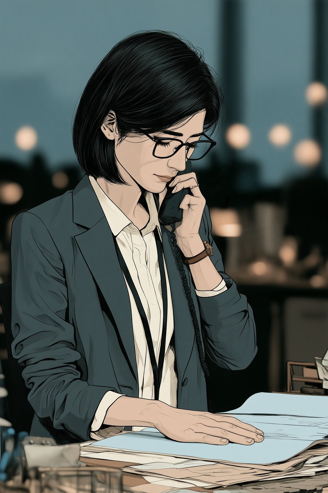 審査部の机で、受話器を肩にはさみ、書類から目を上げない女性。