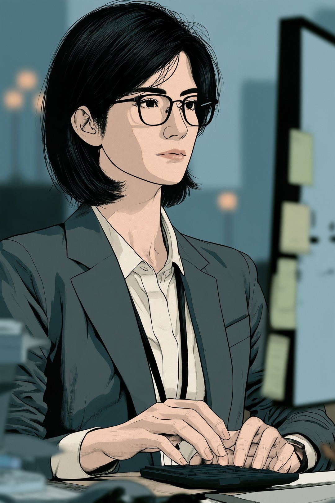 机の上の電卓を叩く女性の手と、パソコンの画面の青白い光。若苗色の付箋が画面の縁に並んでいる。