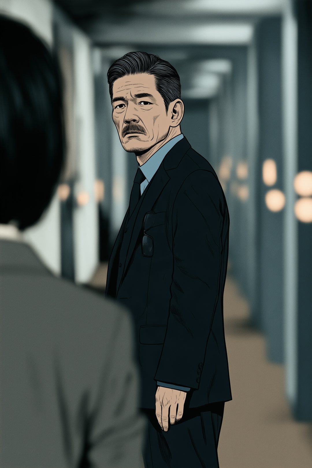 机の列の通路を通りかかり、足を止めて振り返る小柄で痩せた年配の男性。白髪まじりの七三、濃紺の三つ揃い、胸のポケットに老眼鏡。手前に座る女性の肩がぼけて入る。