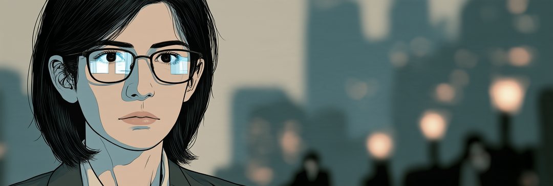 眼鏡の奥の目の細い帯の寄り。レンズに画面の光が四角く映っている。