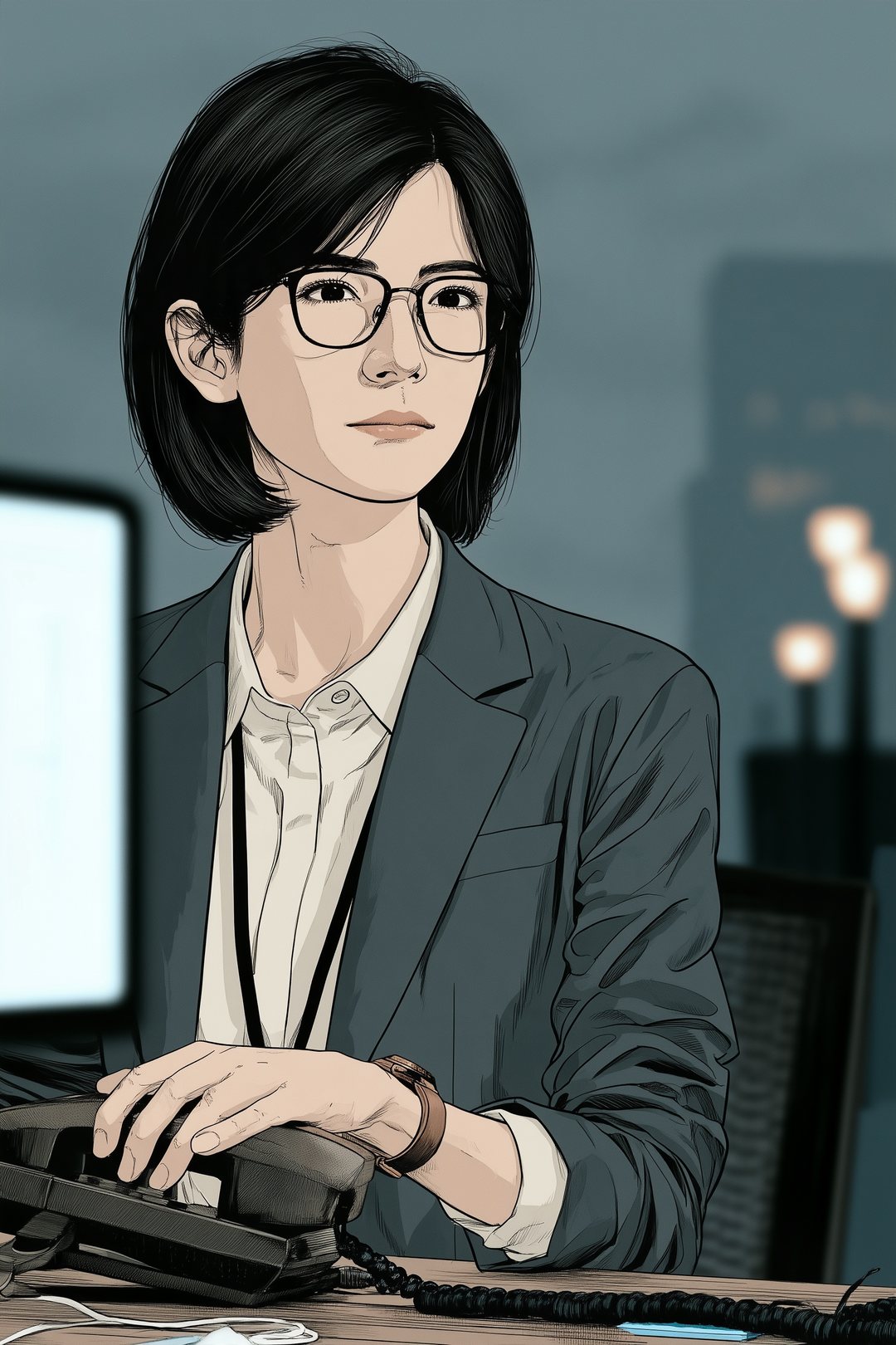 机の電話の受話器に手を置いたまま、持ち上げずに止まる審査役の女性の手の寄り。うしろの画面の光がぼけている。