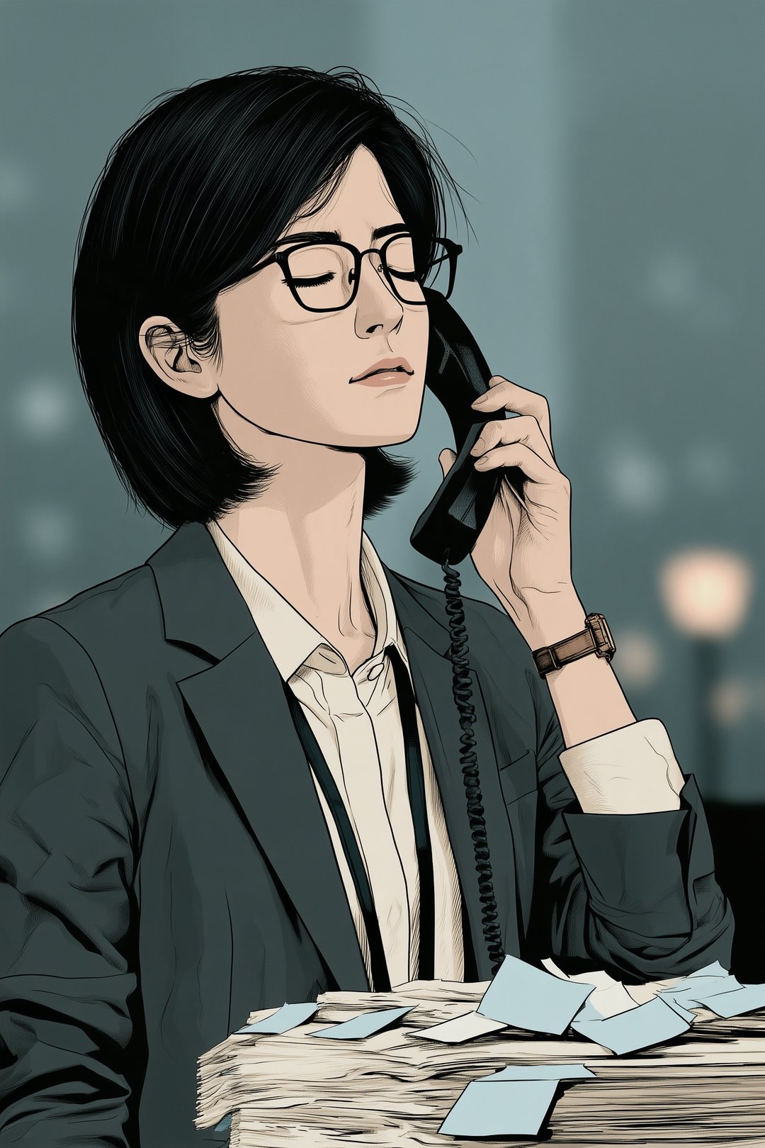 受話器を耳から少し離し、目を閉じて息をつく審査役の女性。机の書類の上に付箋が増えている。