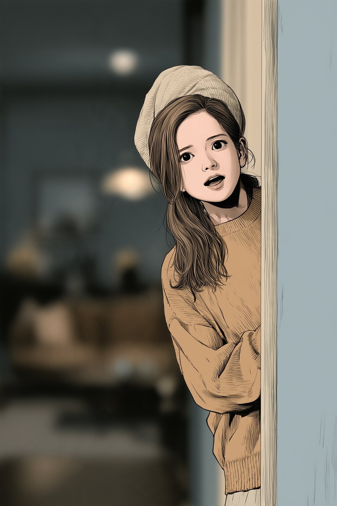 廊下の角から顔を出して呼ぶ小柄な女性。髪をタオルでまとめ、からし色の部屋着。手前の居間はぼけている。