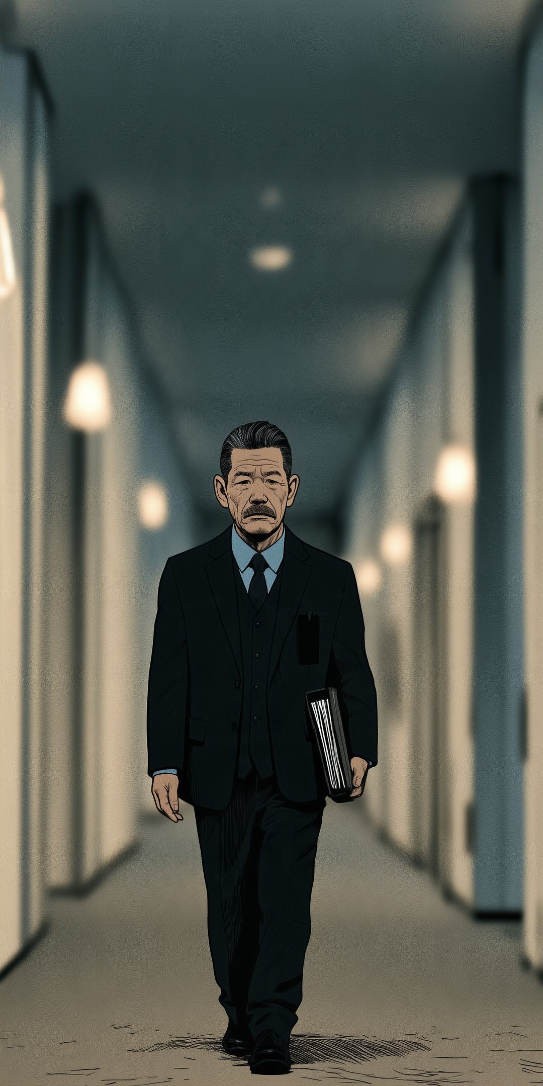 誰もいない夜の審査部の通路。奥から、書類の挟みを持って歩いてくる小柄な男性の影。
