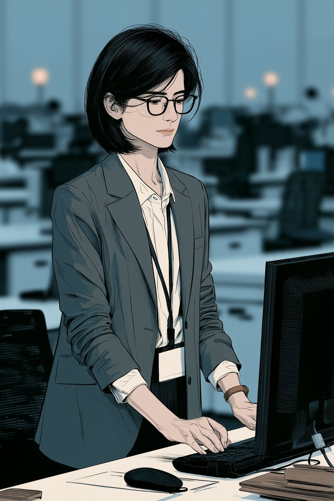 朝の審査部。まだ誰も座っていない机の列の、真ん中の一つの席で、パソコンの明かりをつける審査役の女性。正面からの左右対称の構図。