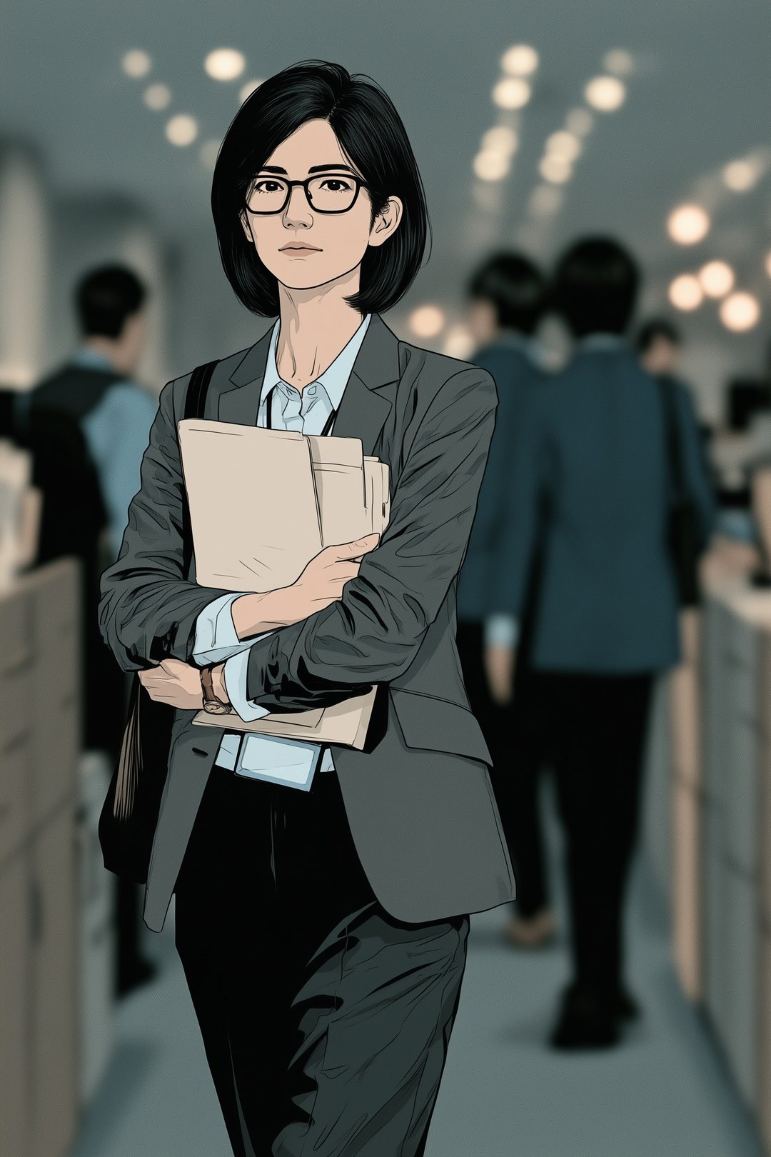書類の挟みを胸に抱え、次長の席へ通路を早足で歩く審査役の女性。並ぶ机の同僚はぼけた後ろ姿。