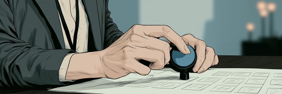 稟議書の上の、小さな四角い枠の並びの寄り。墨青の丸い印を持つ指が、枠の真上で止まっている。