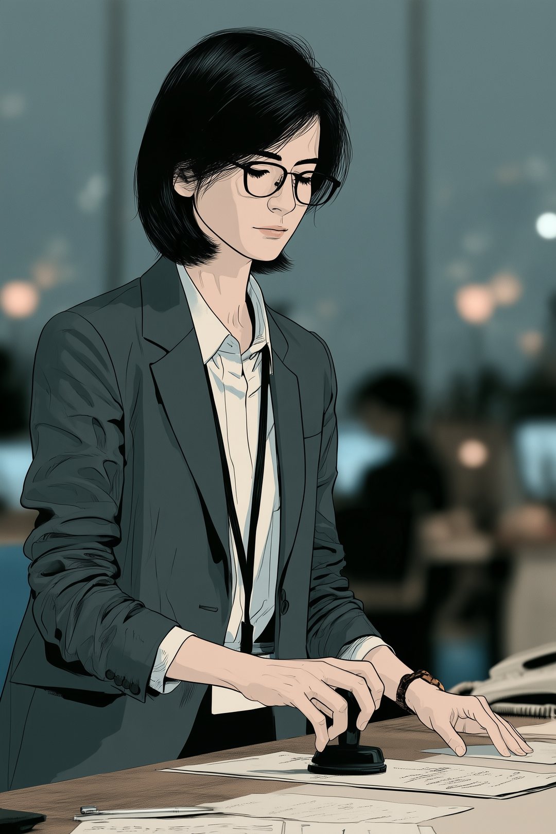 夕方の審査部。机に向かって、稟議書に印を押す審査役の女性。壁の時計は読めない。