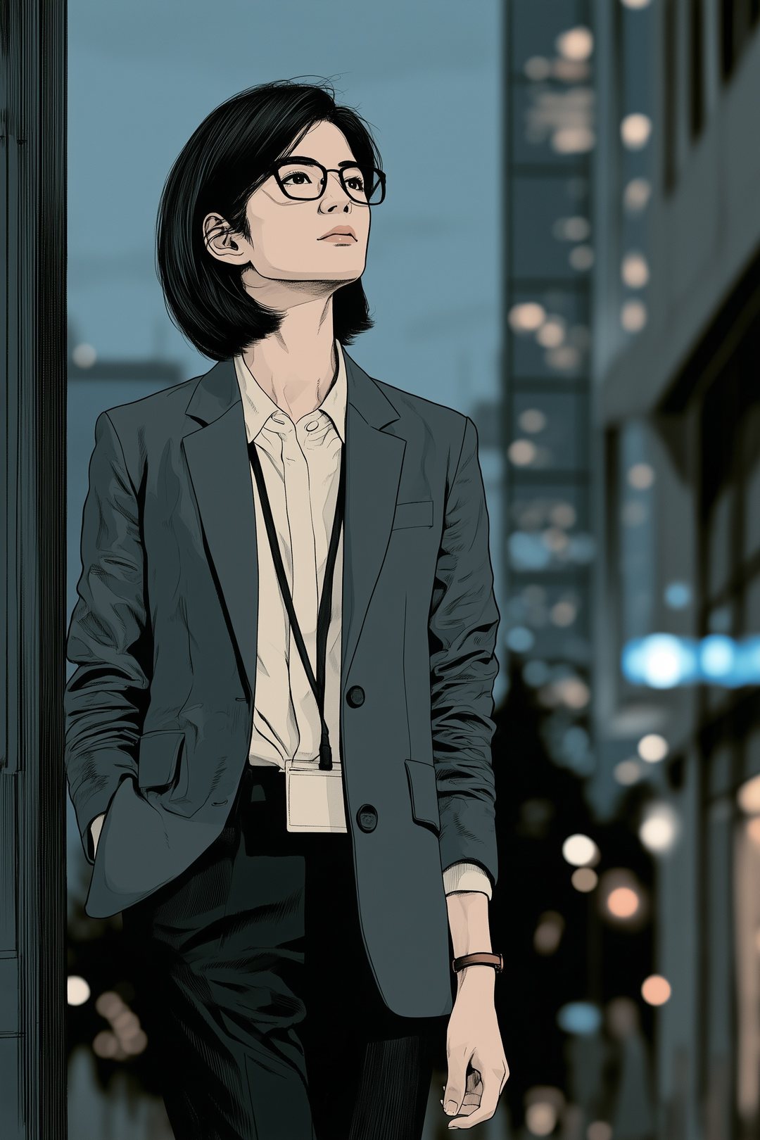 夕暮れの本部のビルの通用口を出て、傘を持たずに空を見上げる審査役の女性。街の灯りがぼけている。