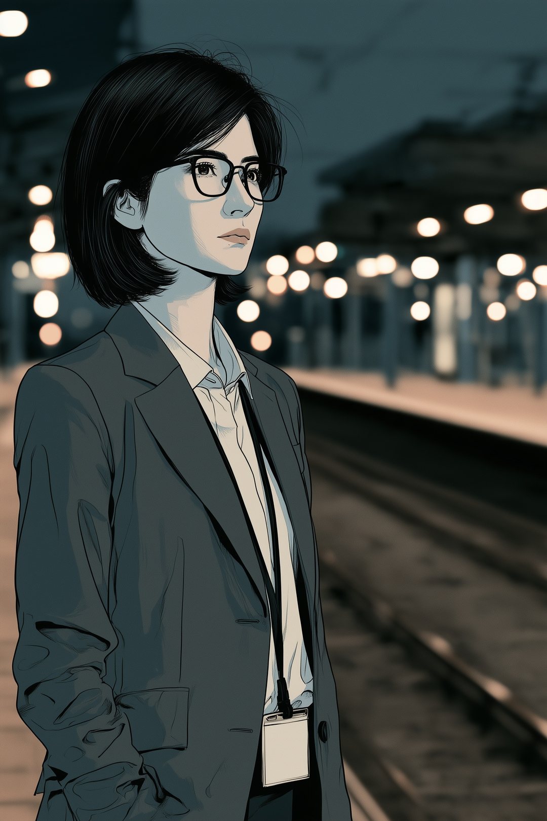 夜の駅のホーム。電車を待つ背の高い眼鏡の女性。線路をはさんだ向こうのホームの灯りがぼけている。
