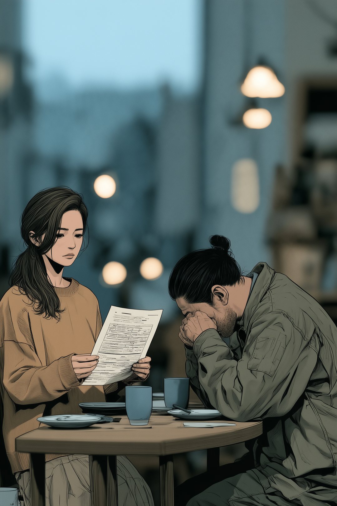 アパートの部屋の食卓。印刷した紙の束を両手で持つ小柄な女性と、向かいで頭を抱える背の高いひげの男性。